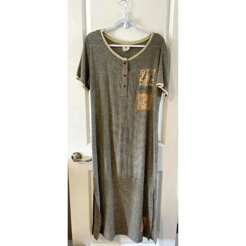 Vintage PEAR Brand Women's Maxi Cotton Dress Size M Striped buttons applique USA